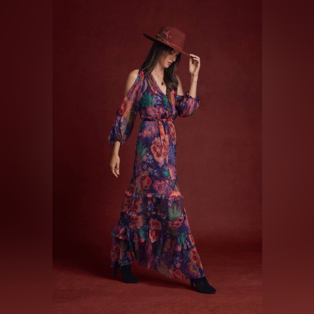 Jade Floral Cold-Shoulder Maxi Dress in Purple and Red